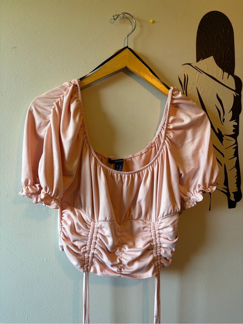 Women's Peach Drawstring Ruched Puff-Sleeve Top - Picture 4 of 7